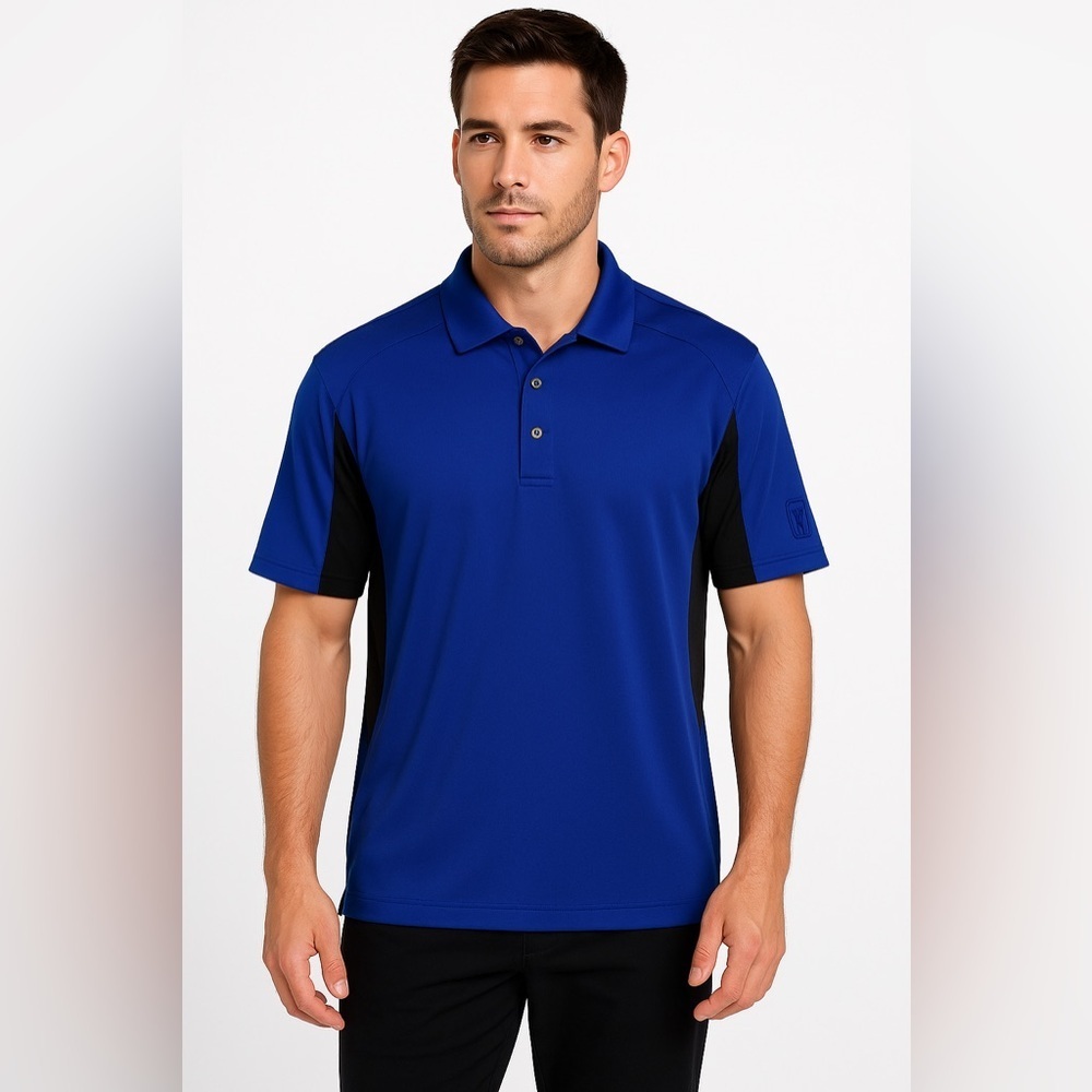 PGA Tour Mens Golf Polo L Blue Black Performance Moisture Wicking Athletic Shirt